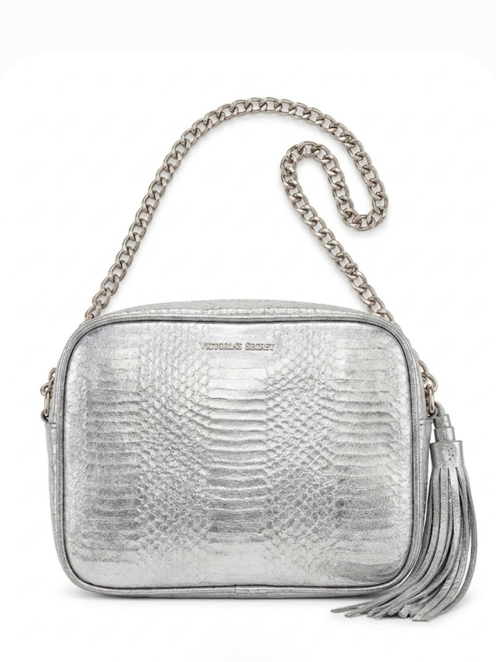 Victoria's Secret Silver Metallic Snake Embossed Crossbody Bag Chain Strap